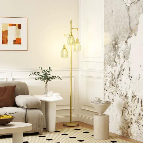 HOMCOM Industrial 3-Light Floor Lamp Dimmable Standing Lamp, Gold by HOMCOM