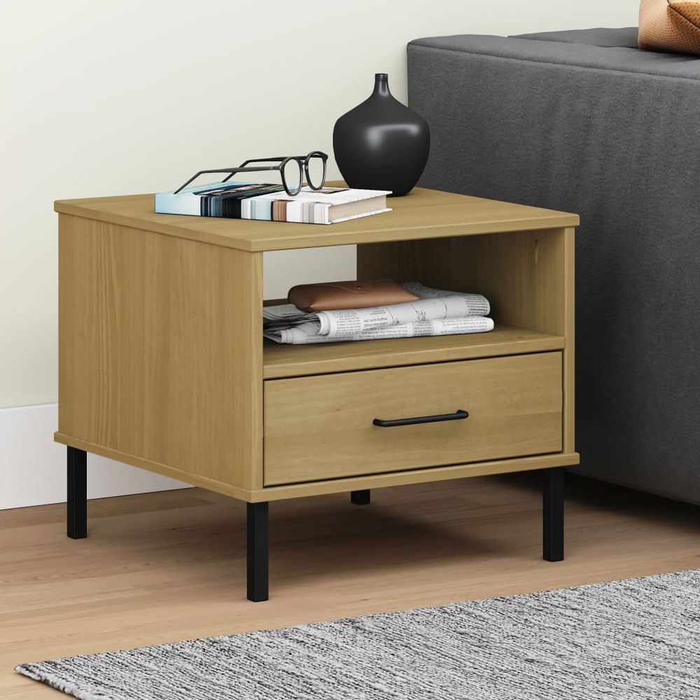 Bedside Table with Metal Legs Brown vidaXL Solid Wood Pine OSLO - Bedside Table from vidaXL