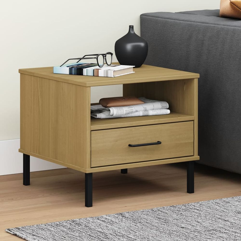 Bedside Table with Metal Legs Brown vidaXL Solid Wood Pine OSLO - Bedside Table from vidaXL