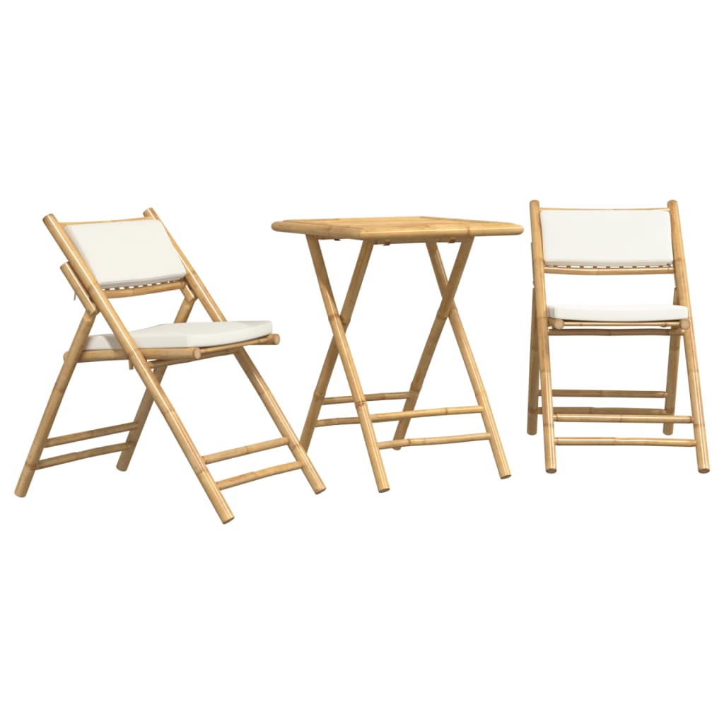 vidaXL 3 Piece Folding Bistro set with Cream White Cushions Bamboo - Bistro Sets from vidaXL