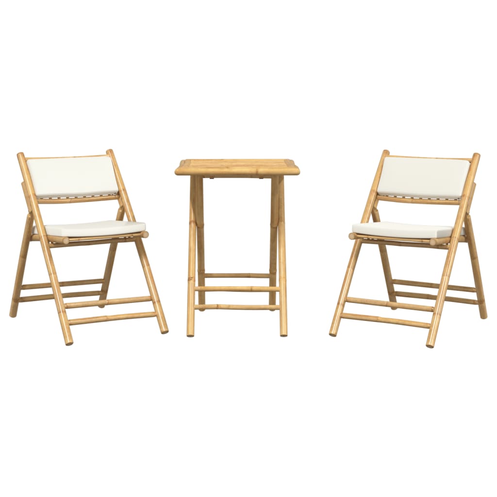 vidaXL 3 Piece Folding Bistro set with Cream White Cushions Bamboo - Bistro Sets from vidaXL