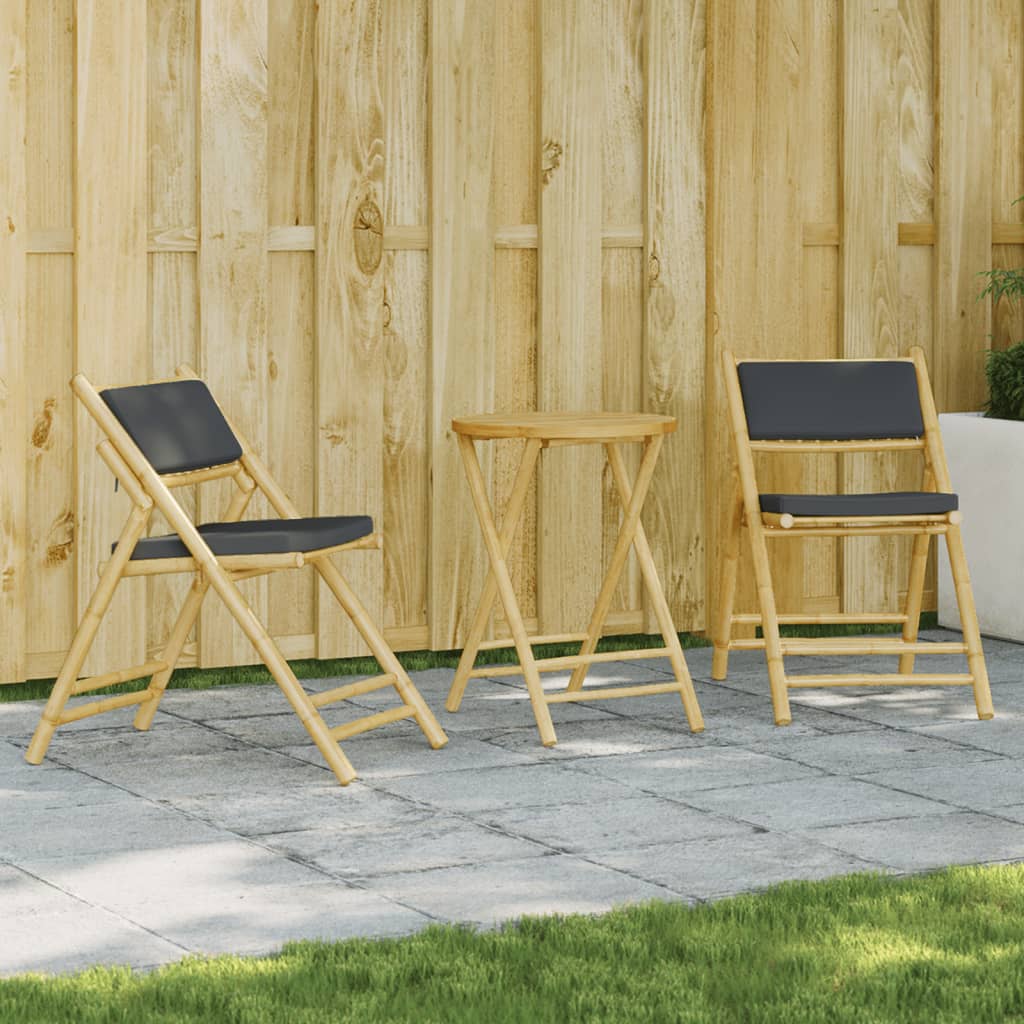 vidaXL 3 Piece Folding Bistro set with Cream White Cushions Bamboo - Bistro Sets from vidaXL