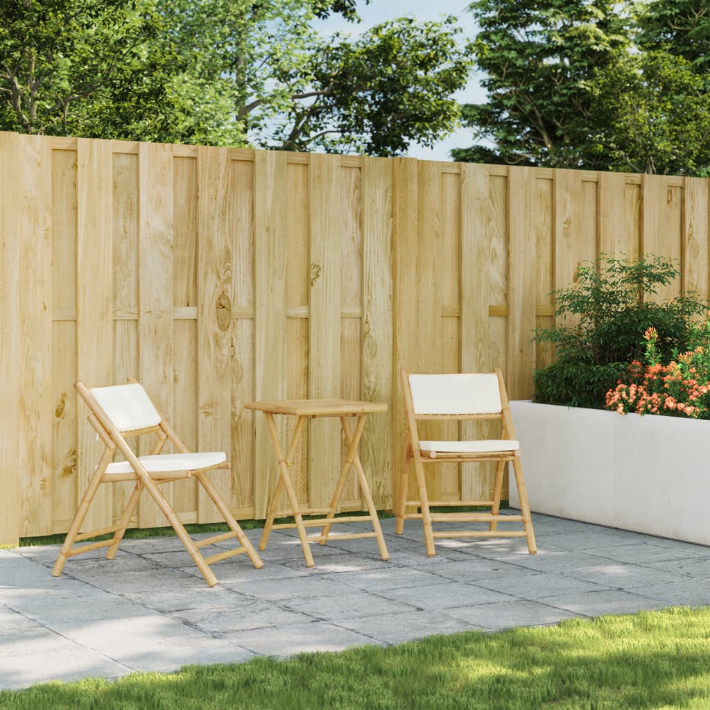 vidaXL 3 Piece Folding Bistro set with Cream White Cushions Bamboo - Bistro Sets from vidaXL