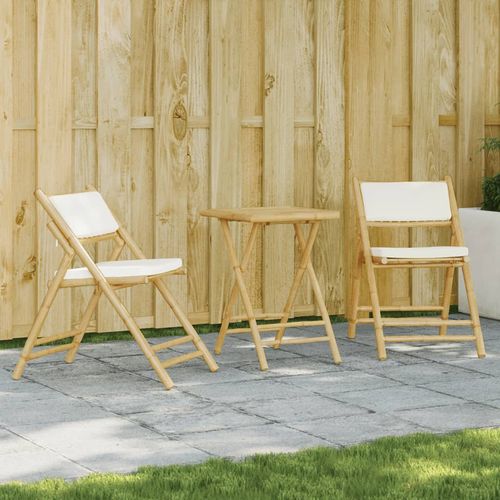 vidaXL 3 Piece Folding Bistro set with Cream White Cushions Bamboo - Bistro Sets from vidaXL