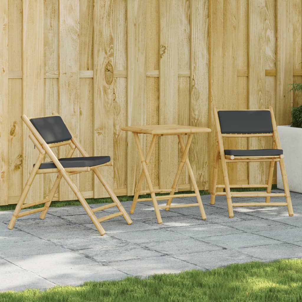 vidaXL 3 Piece Folding Bistro set with Cream White Cushions Bamboo - Bistro Sets from vidaXL