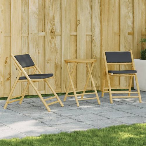 vidaXL 3 Piece Folding Bistro set with Cream White Cushions Bamboo - Bistro Sets from vidaXL