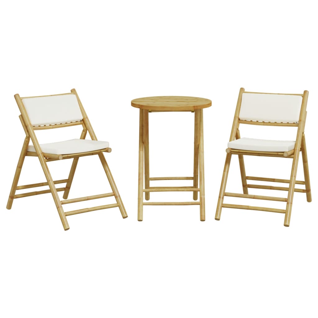 vidaXL 3 Piece Folding Bistro set with Cream White Cushions Bamboo - Bistro Sets from vidaXL