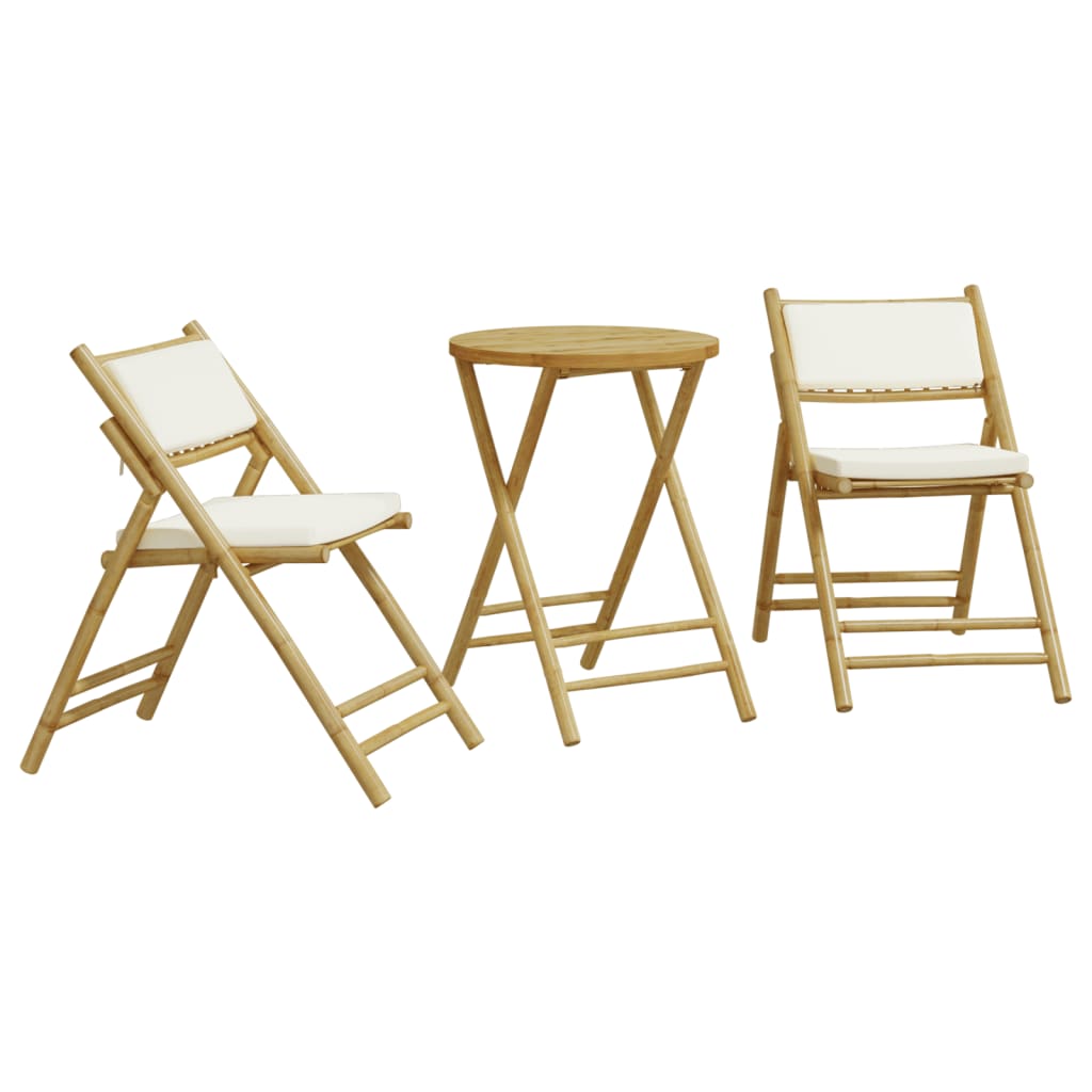vidaXL 3 Piece Folding Bistro set with Cream White Cushions Bamboo - Bistro Sets from vidaXL
