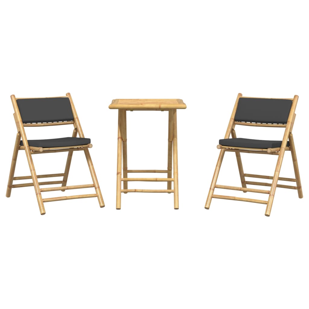 vidaXL 3 Piece Folding Bistro set with Cream White Cushions Bamboo - Bistro Sets from vidaXL