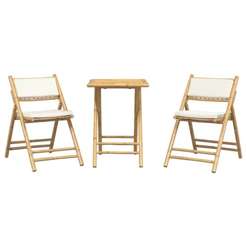 vidaXL 3 Piece Folding Bistro set with Cream White Cushions Bamboo - Bistro Sets from vidaXL