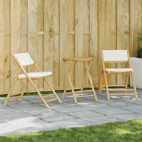 vidaXL 3 Piece Folding Bistro set with Cream White Cushions Bamboo - Bistro Sets from vidaXL