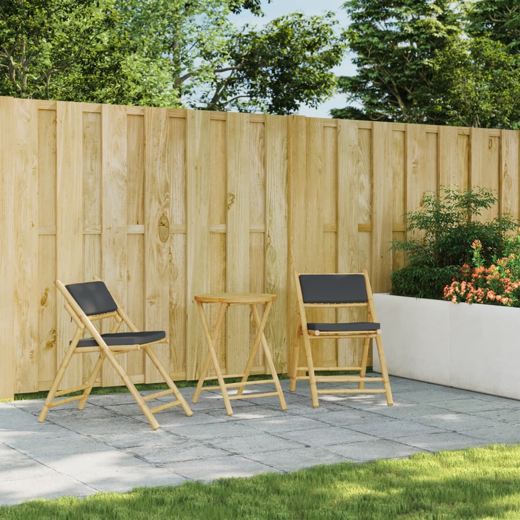 vidaXL 3 Piece Folding Bistro set with Cream White Cushions Bamboo - Bistro Sets from vidaXL