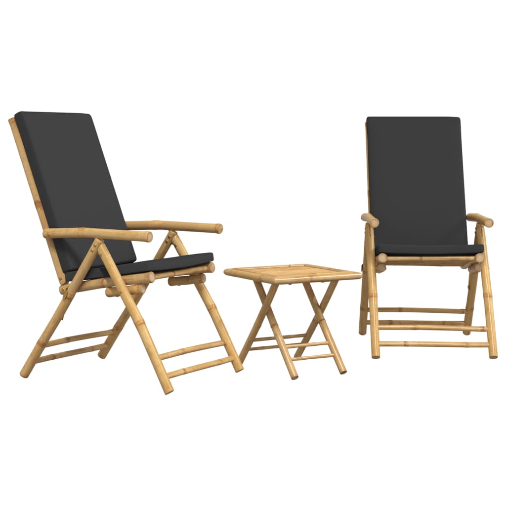 vidaXL 3 Piece Folding Bistro set with Cream White Cushions Bamboo - Bistro Sets from vidaXL