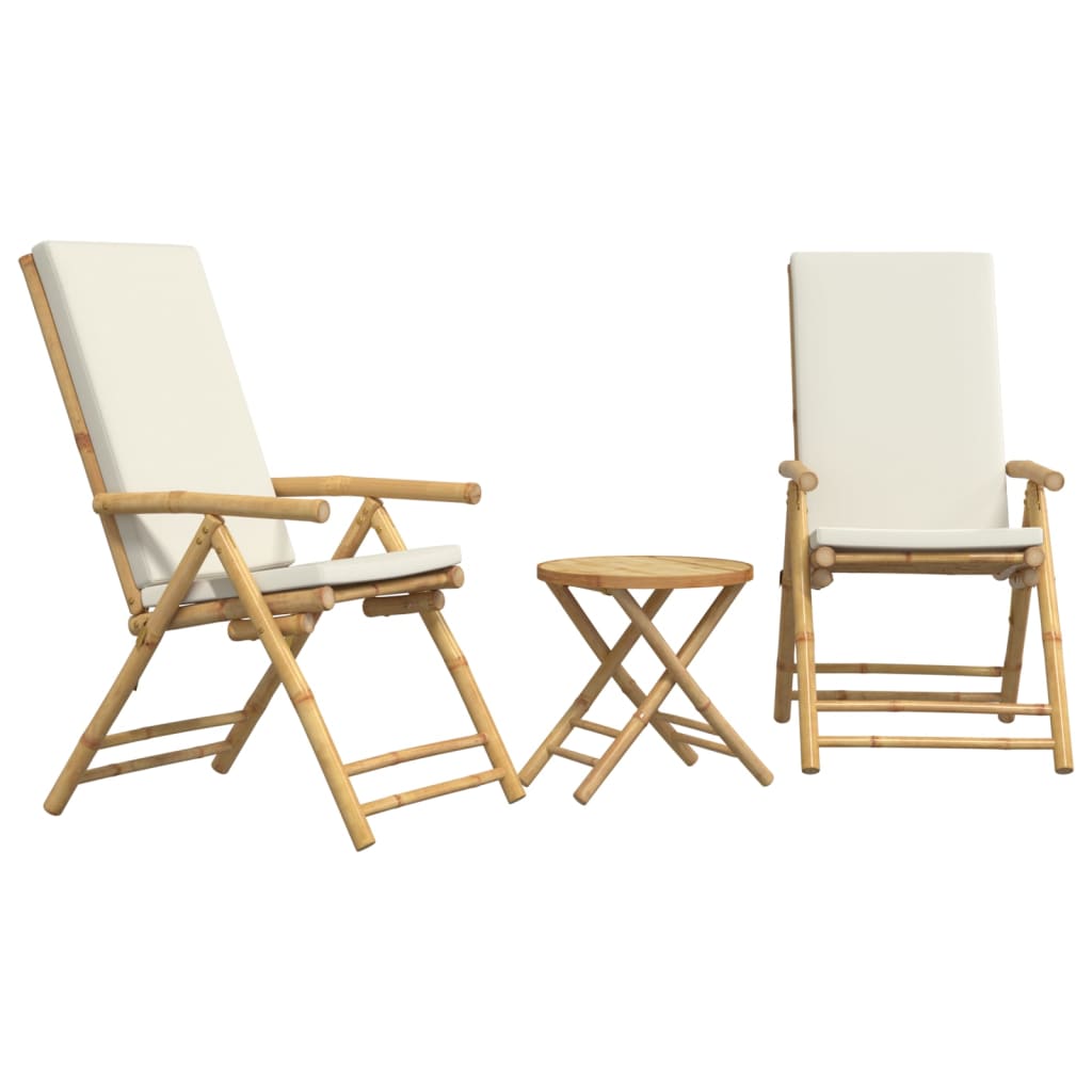 vidaXL 3 Piece Folding Bistro set with Cream White Cushions Bamboo - Bistro Sets from vidaXL