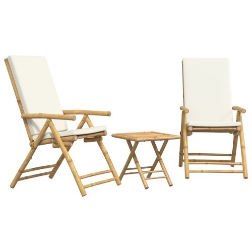 vidaXL 3 Piece Folding Bistro set with Cream White Cushions Bamboo - Bistro Sets from vidaXL