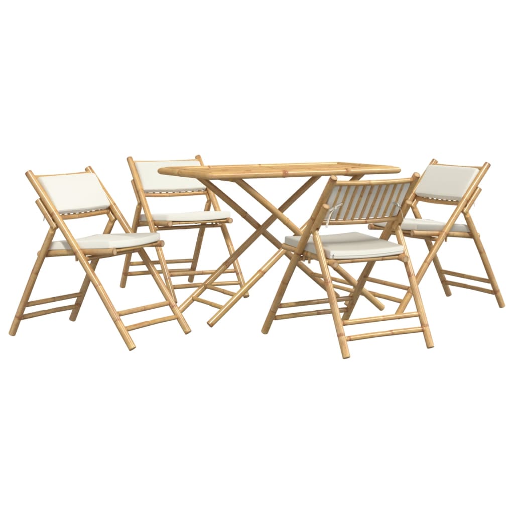 vidaXL 5 Piece Folding Bistro set with Cream White Cushions Bamboo - Bistro Sets from vidaXL
