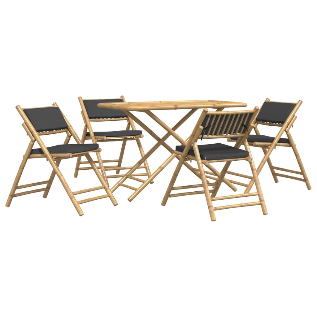 vidaXL 5 Piece Folding Bistro set with Cream White Cushions Bamboo - Bistro Sets from vidaXL