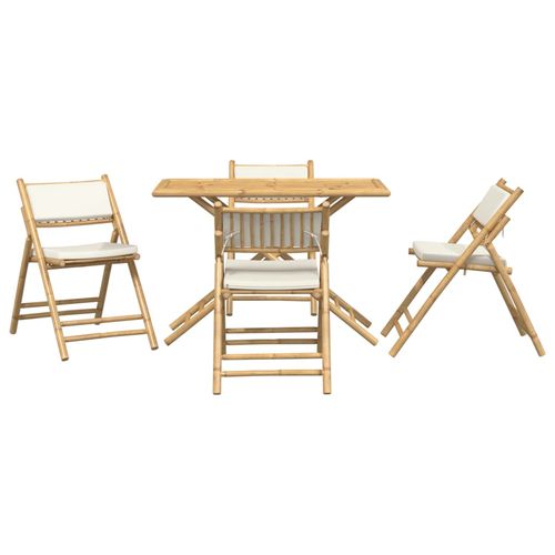 vidaXL 5 Piece Folding Bistro set with Cream White Cushions Bamboo - Bistro Sets from vidaXL