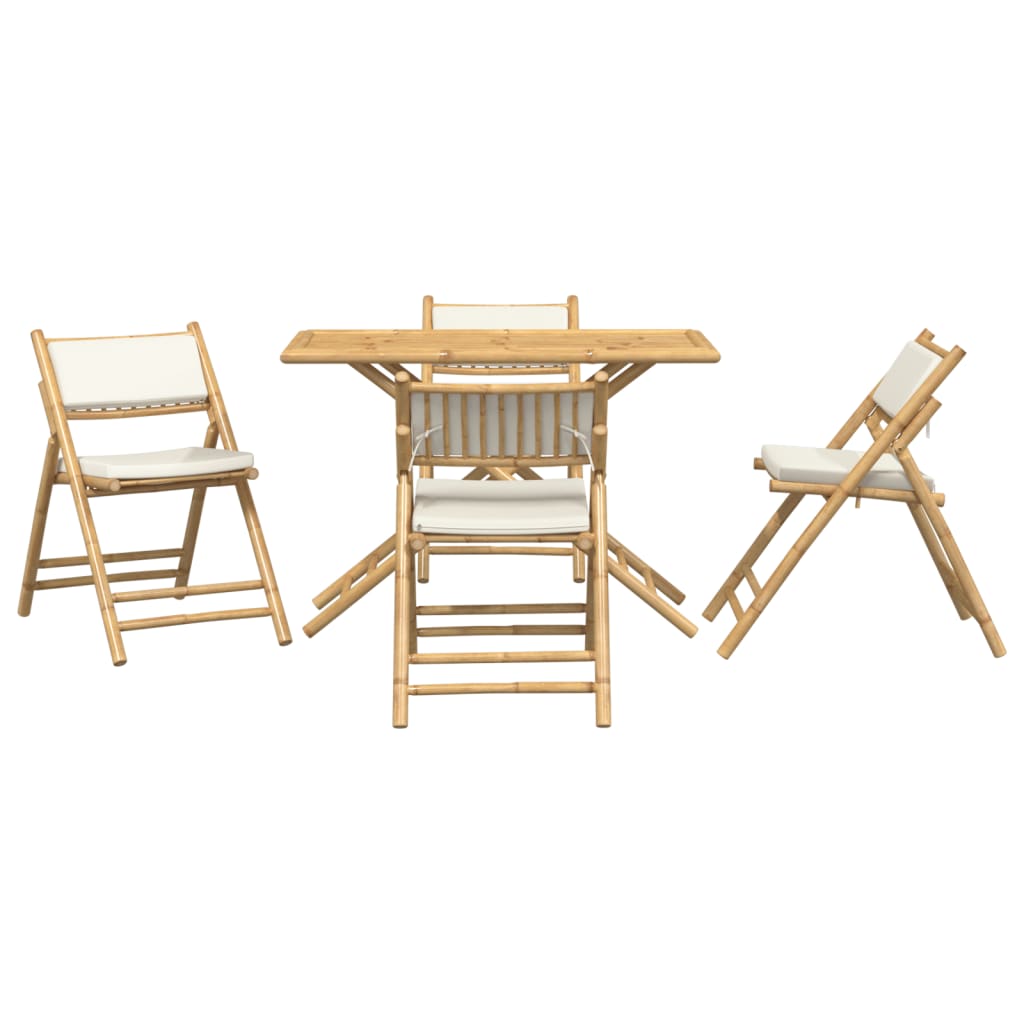 vidaXL 5 Piece Folding Bistro set with Cream White Cushions Bamboo - Bistro Sets from vidaXL