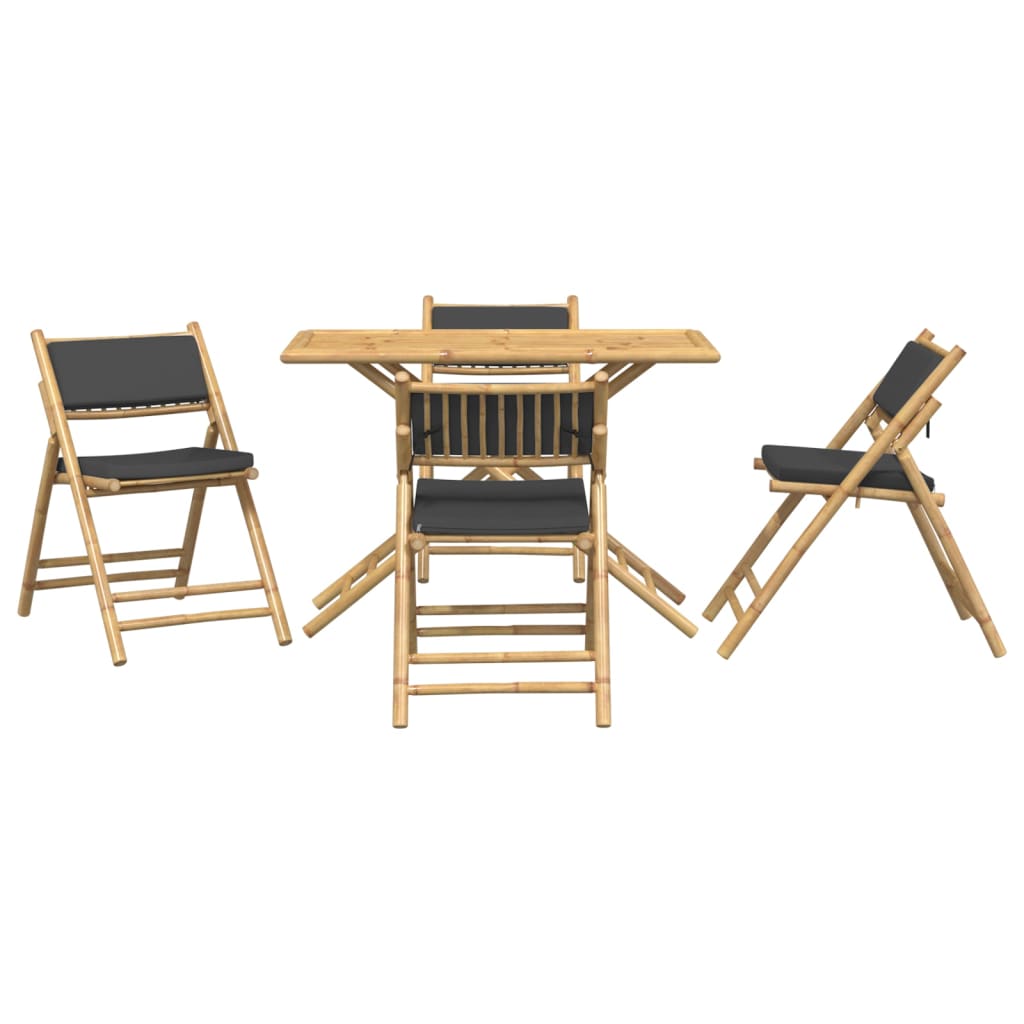 vidaXL 5 Piece Folding Bistro set with Cream White Cushions Bamboo - Bistro Sets from vidaXL