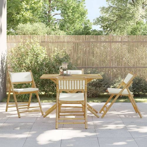 vidaXL 5 Piece Folding Bistro set with Cream White Cushions Bamboo - Bistro Sets from vidaXL