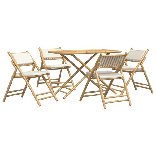 vidaXL 5 Piece Folding Bistro set with Cream White Cushions Bamboo - Bistro Sets from vidaXL
