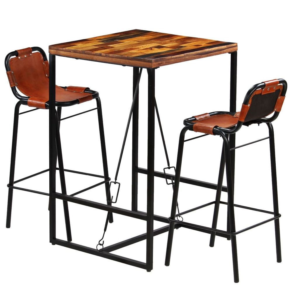 Bar Set 3 Pieces vidaXL Solid Reclaimed Wood and Genuine Goat Leather - Dining Set from vidaXL