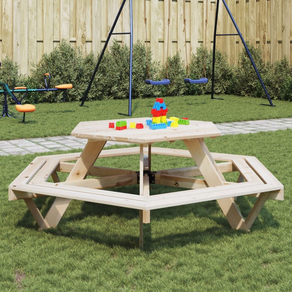 vidaXL Picnic Table for 6 Kids with Benches Hexagon Solid Wood Fir - Picnic Tables from vidaXL