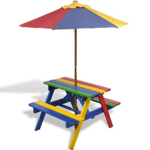 Kids' Picnic Table with Benches and Parasol Multicolour Wood - Picnic Tables from vidaXL