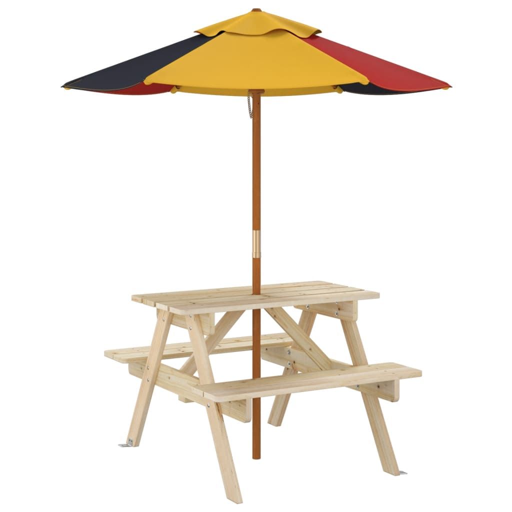 vidaXL Kids' Picnic Table with Benches and Parasol Multicolour Wood - Picnic Tables from vidaXL