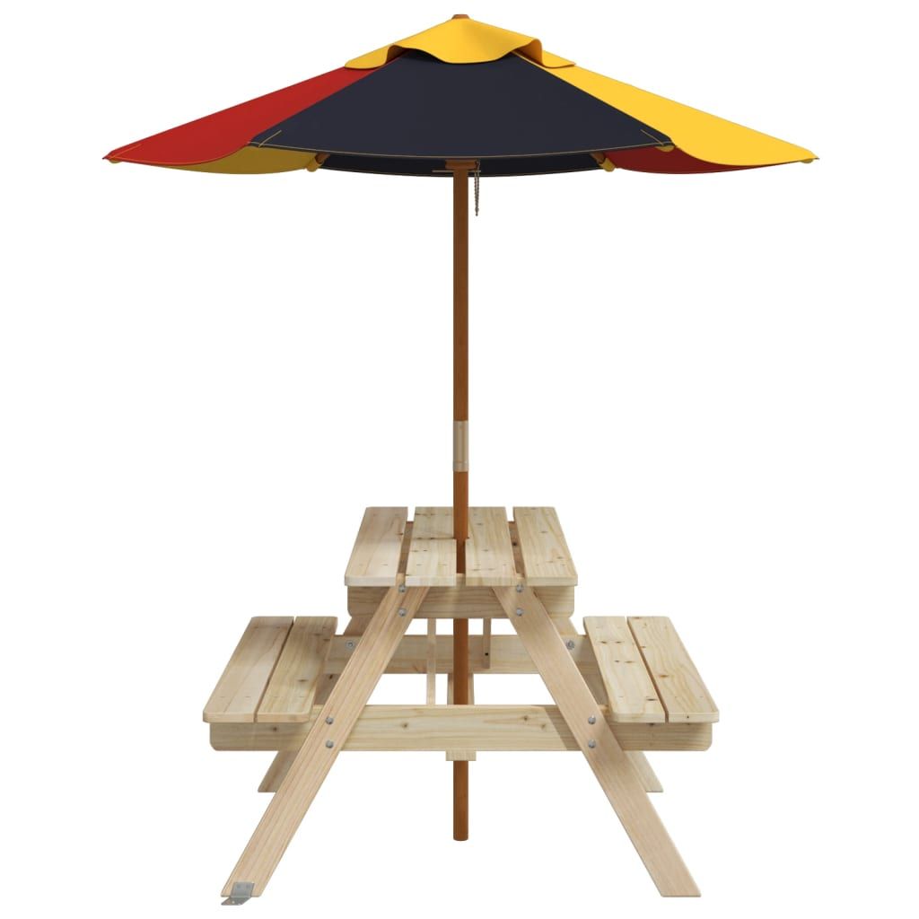 vidaXL Kids' Picnic Table with Benches and Parasol Multicolour Wood - Picnic Tables from vidaXL