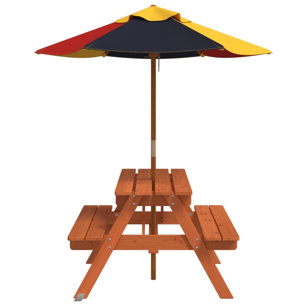 vidaXL Kids' Picnic Table with Benches and Parasol Multicolour Wood - Picnic Tables from vidaXL