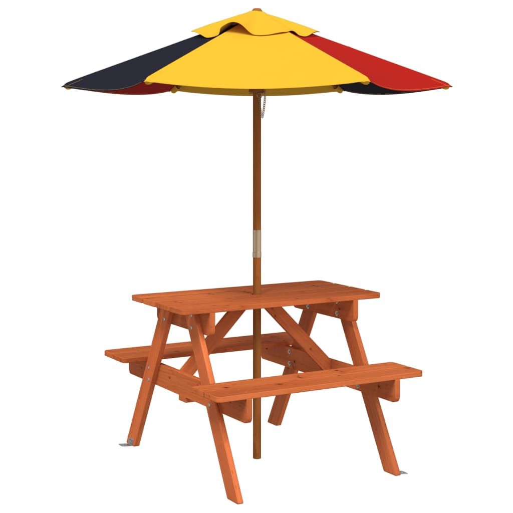 vidaXL Kids' Picnic Table with Benches and Parasol Multicolour Wood - Picnic Tables from vidaXL