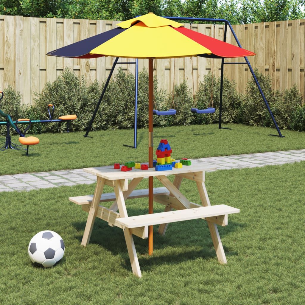 vidaXL Kids' Picnic Table with Benches and Parasol Multicolour Wood - Picnic Tables from vidaXL