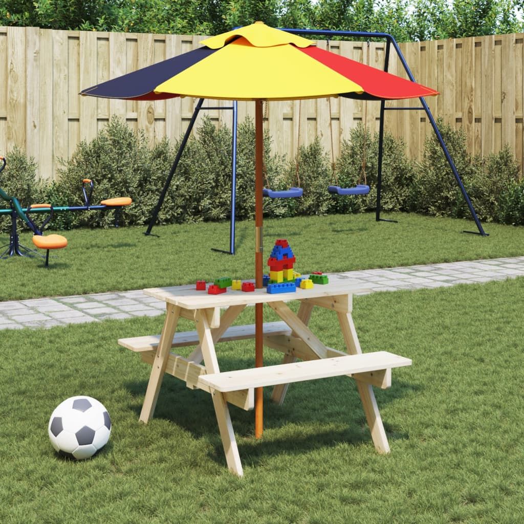 vidaXL Kids' Picnic Table with Benches and Parasol Multicolour Wood - Picnic Tables from vidaXL