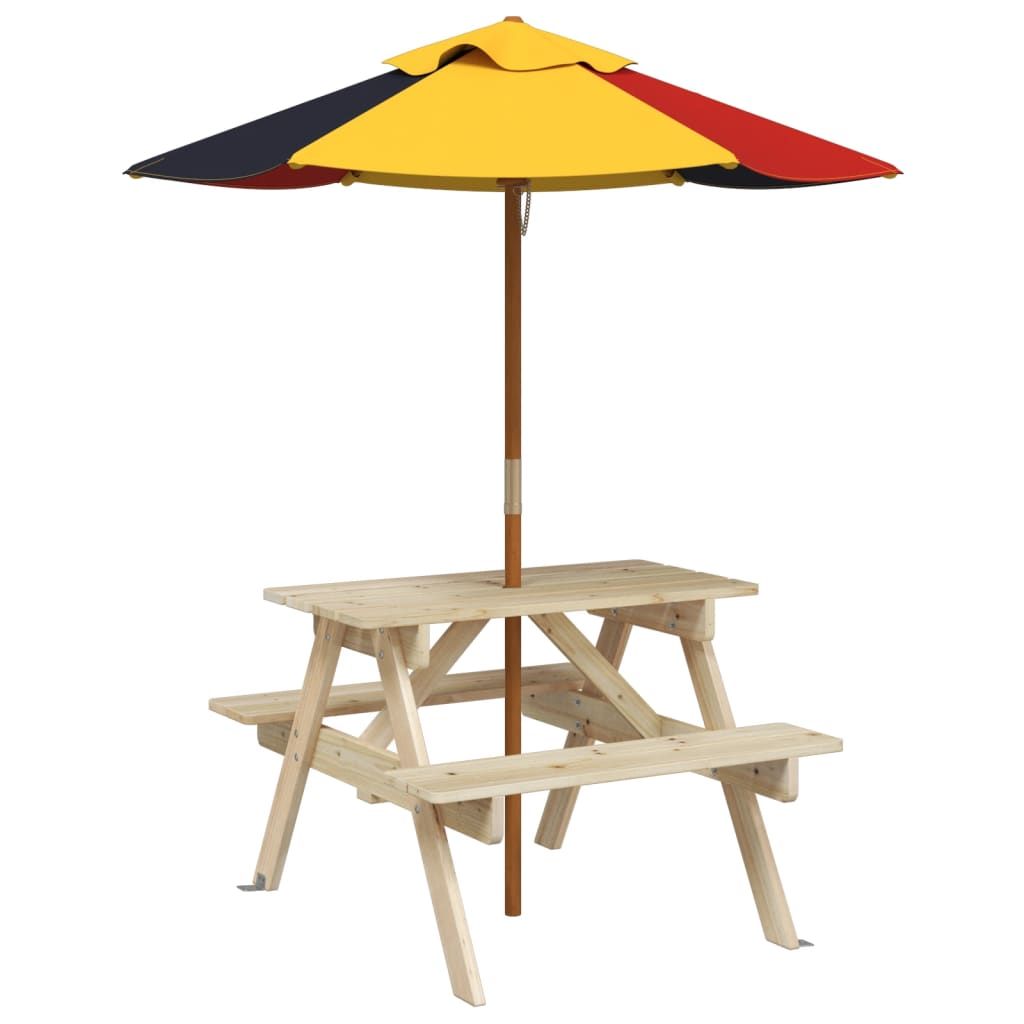 vidaXL Kids' Picnic Table with Benches and Parasol Multicolour Wood - Picnic Tables from vidaXL