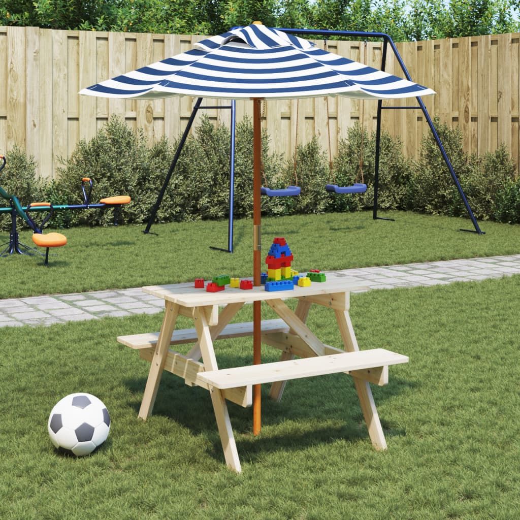 vidaXL Kids' Picnic Table with Benches and Parasol Multicolour Wood - Picnic Tables from vidaXL