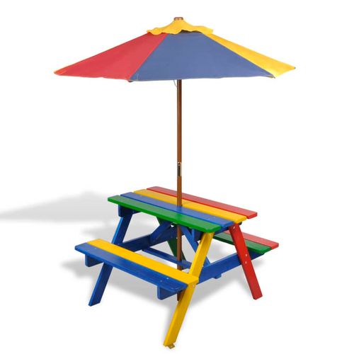 vidaXL Kids' Picnic Table with Benches and Parasol Multicolour Wood - Picnic Tables from vidaXL