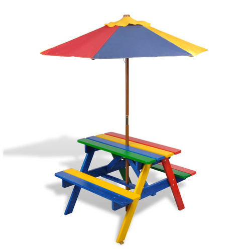 vidaXL Kids' Picnic Table with Benches and Parasol Multicolour Wood - Picnic Tables from vidaXL