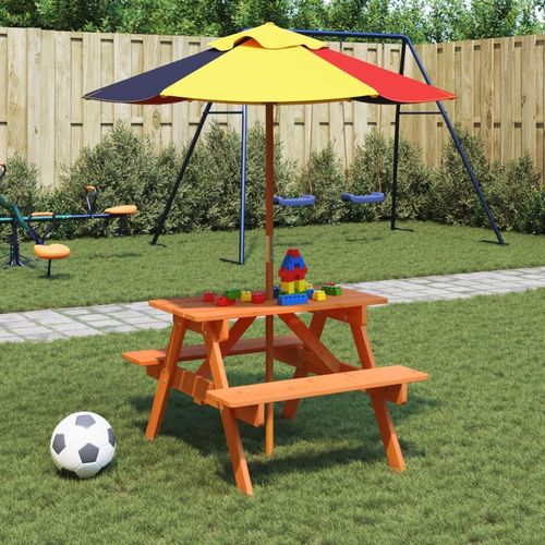 vidaXL Kids' Picnic Table with Benches and Parasol Multicolour Wood - Picnic Tables from vidaXL
