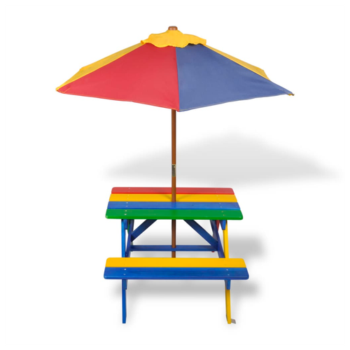 vidaXL Kids' Picnic Table with Benches and Parasol Multicolour Wood - Picnic Tables from vidaXL