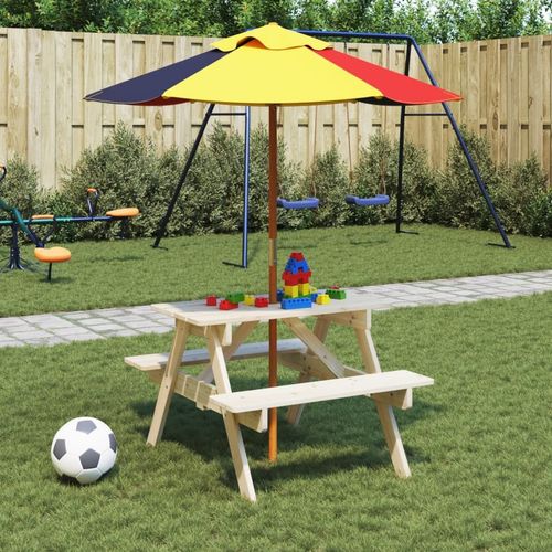 vidaXL Kids' Picnic Table with Benches and Parasol Multicolour Wood - Picnic Tables from vidaXL