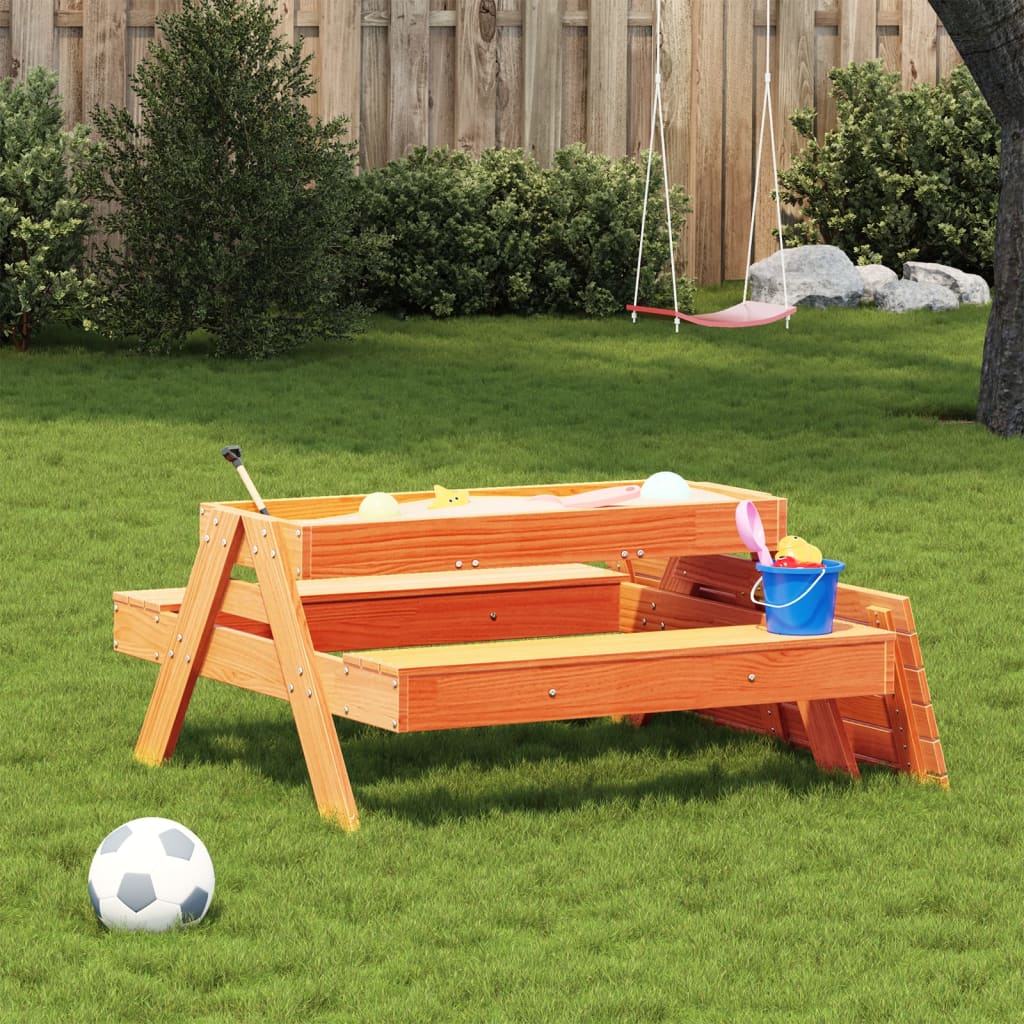 vidaXL Picnic Table with Sandpit for Kids Wax Brown Solid Wood Pine - Picnic Tables from vidaXL