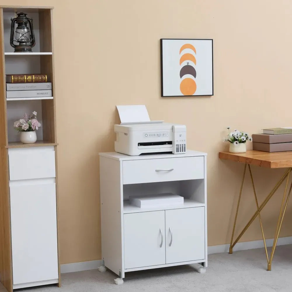 Rolling Printer Stand Vertical File Cabinet w/ Drawer Double Door Cabinet White - Bedside Table from Vinsetto