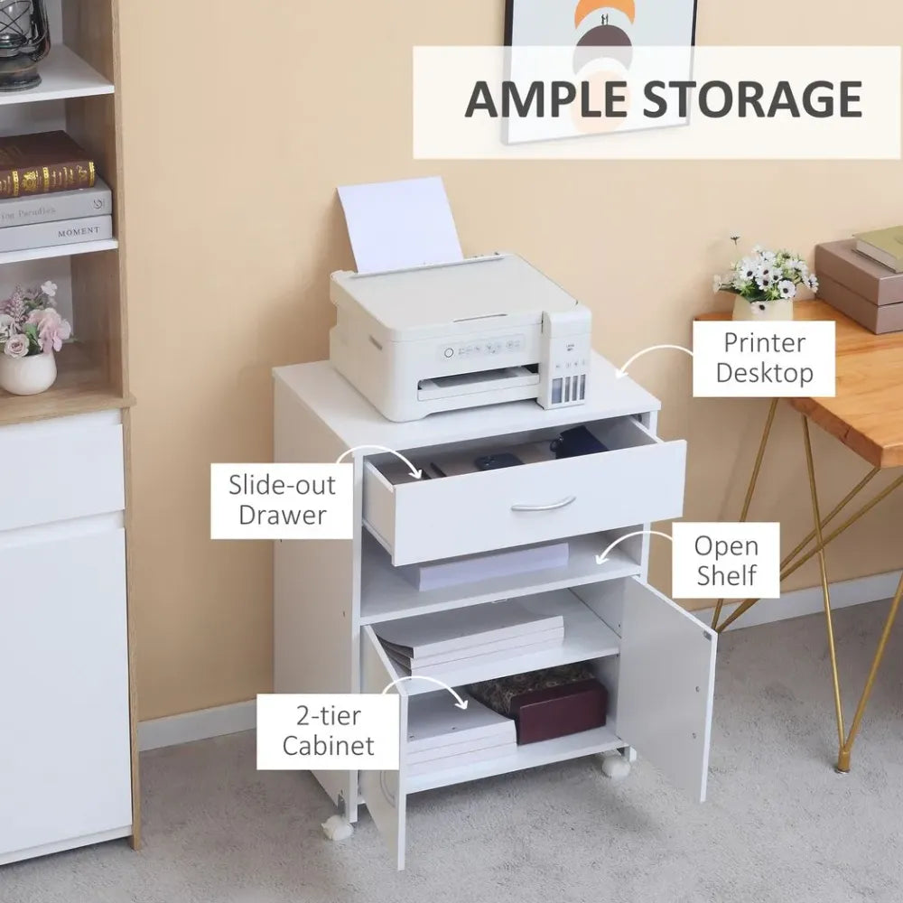 Rolling Printer Stand Vertical File Cabinet w/ Drawer Double Door Cabinet White - Bedside Table from Vinsetto