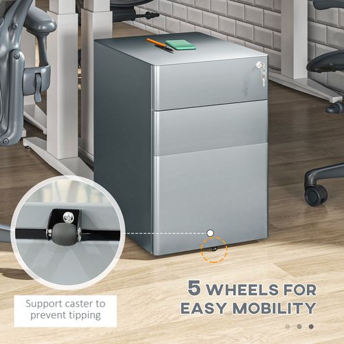 Vinsetto 3 Drawer Metal Filing Cabinet Lockable 5 Wheels Compact Under Desk Grey - Filing Cabinet from Vinsetto