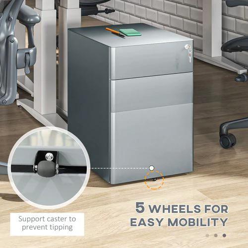 Vinsetto Vinsetto 3 Drawer Metal Filing Cabinet Lockable 5 Wheels Compact Under Desk Grey - Filing Cabinet