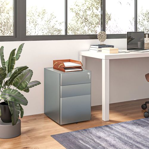 Vinsetto 3 Drawer Metal Filing Cabinet Lockable 5 Wheels Compact Under Desk Grey - Filing Cabinet from Vinsetto