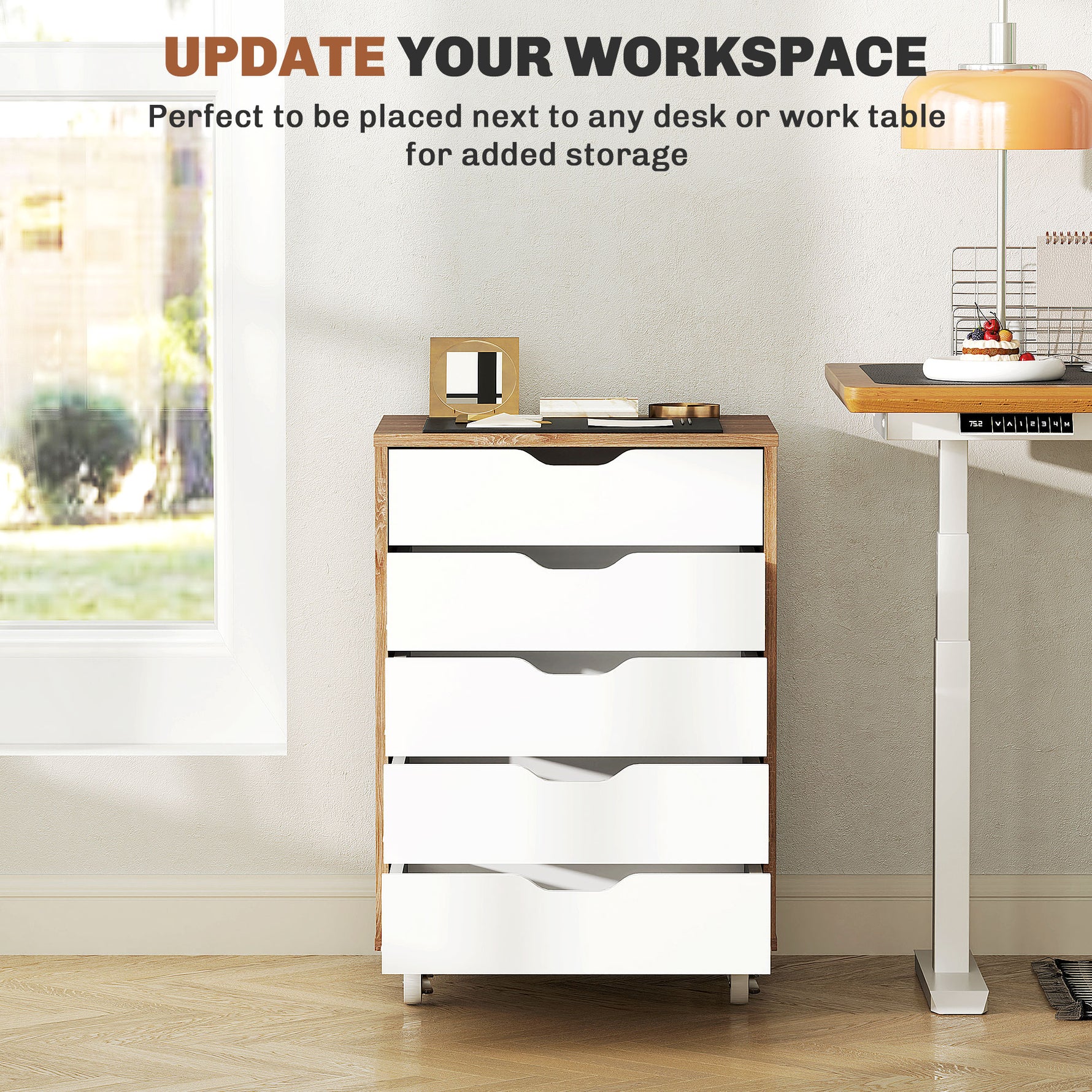 Vinsetto Mobile Filing Cabinet, 5-drawer File Cabinet with Wheels, Oak - Home Symphony