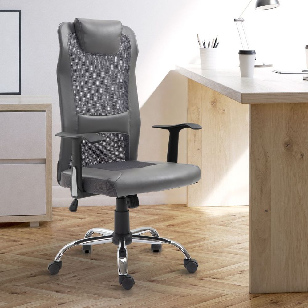 High Back Mesh Office Chair Swivel Chair w/ Headrest Armrests Grey - Office Chair from Vinsetto